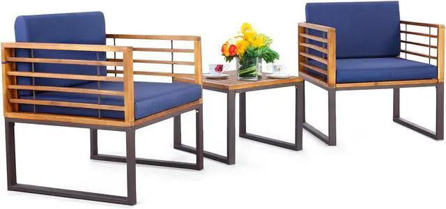 Alt view image 2 of 7 - SlickBlue 3 Pieces Patio Acacia Wood Conversation Set with Cushioned Armchairs