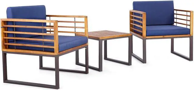 Main image of SlickBlue 3 Pieces Patio Acacia Wood Conversation Set with Cushioned Armchairs