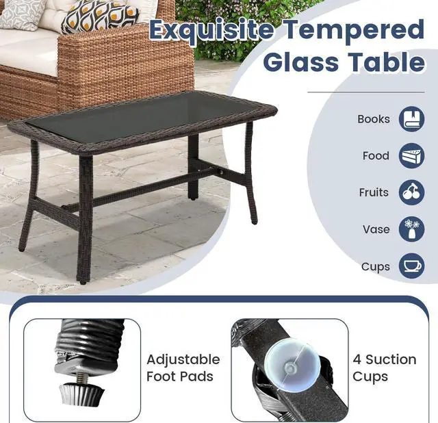 Alt view image 7 of 7 - SlickBlue 4 Pieces Rattan Conversation Set with Tempered Glass Coffee Table