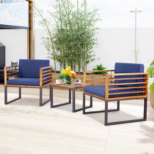 Alt view image 3 of 7 - SlickBlue 3 Pieces Patio Acacia Wood Conversation Set with Cushioned Armchairs