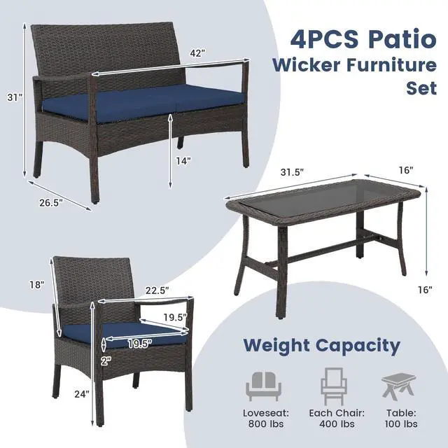 Alt view image 5 of 7 - SlickBlue 4 Pieces Rattan Conversation Set with Tempered Glass Coffee Table