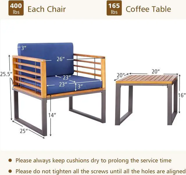 Alt view image 5 of 7 - SlickBlue 3 Pieces Patio Acacia Wood Conversation Set with Cushioned Armchairs