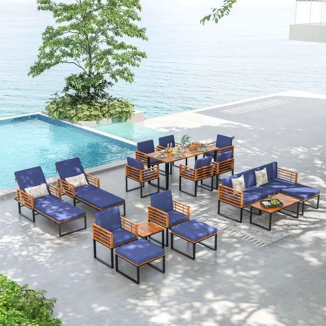 Alt view image 6 of 7 - SlickBlue 3 Pieces Patio Acacia Wood Conversation Set with Cushioned Armchairs