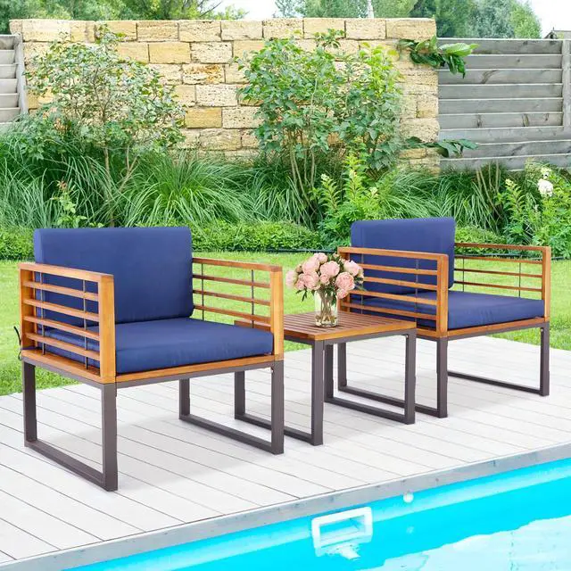 Alt view image 7 of 7 - SlickBlue 3 Pieces Patio Acacia Wood Conversation Set with Cushioned Armchairs