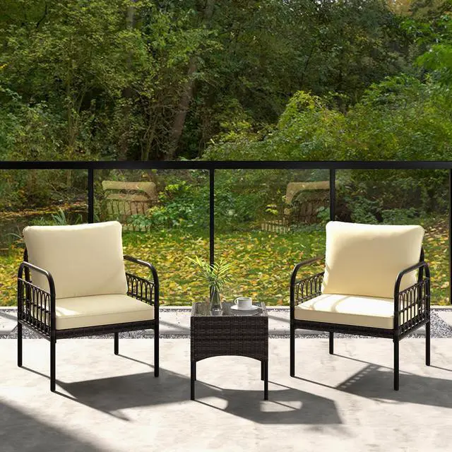 Alt view image 2 of 7 - SlickBlue 3 Pieces Patio Wicker Conversation Set with Cushions and Tempered Glass Coffee Table