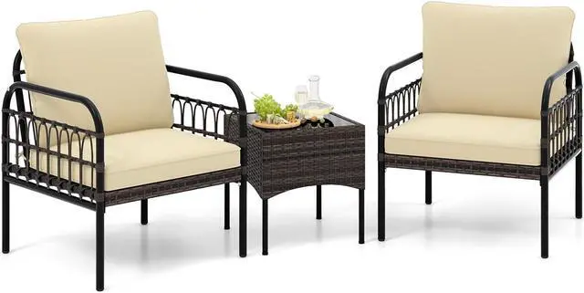 Alt view image 3 of 7 - SlickBlue 3 Pieces Patio Wicker Conversation Set with Cushions and Tempered Glass Coffee Table