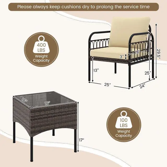 Alt view image 5 of 7 - SlickBlue 3 Pieces Patio Wicker Conversation Set with Cushions and Tempered Glass Coffee Table