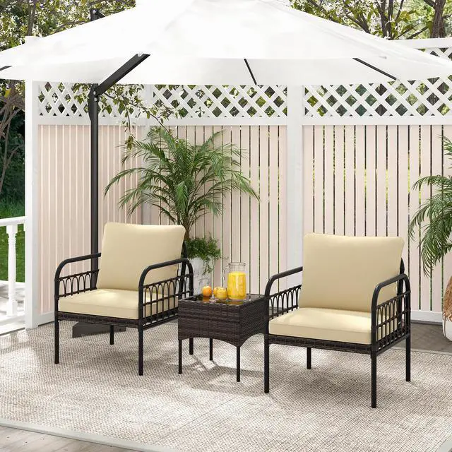 Alt view image 6 of 7 - SlickBlue 3 Pieces Patio Wicker Conversation Set with Cushions and Tempered Glass Coffee Table