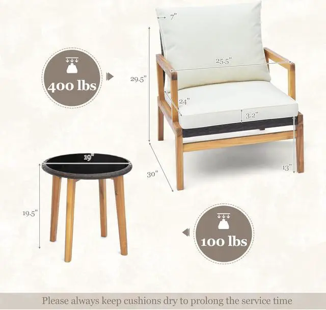 Alt view image 5 of 7 - SlickBlue 3 Pieces Patio Furniture Set with Cushioned Chairs and Tempered Glass Side Table