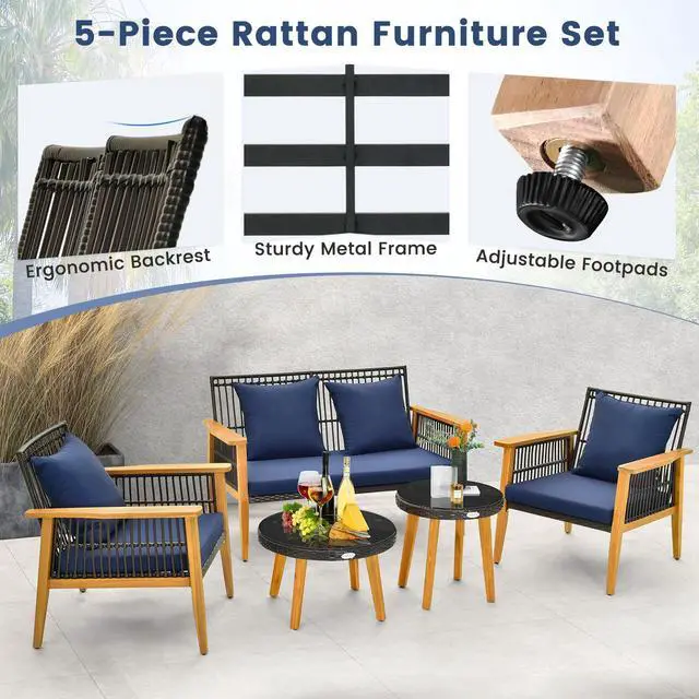 Alt view image 7 of 7 - SlickBlue 5 Piece Outdoor Conversation Set with 2 Coffee Tables for Backyard Poolside