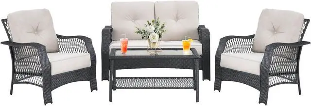 Alt view image 3 of 7 - SlickBlue 4 Pieces Patio Wicker Furniture Set Loveseat Sofa Coffee Table with Cushion