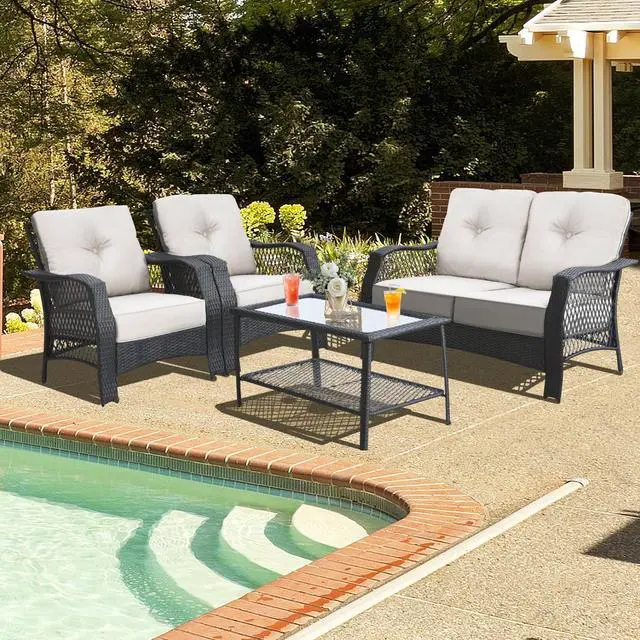 Alt view image 4 of 7 - SlickBlue 4 Pieces Patio Wicker Furniture Set Loveseat Sofa Coffee Table with Cushion