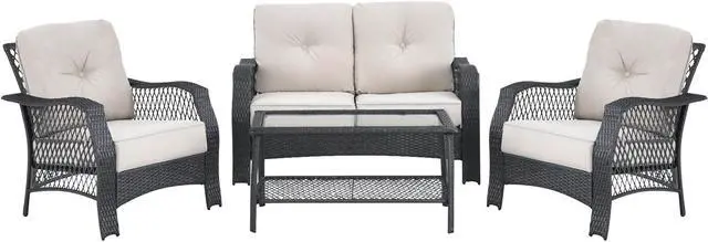 Main image of SlickBlue 4 Pieces Patio Wicker Furniture Set Loveseat Sofa Coffee Table with Cushion