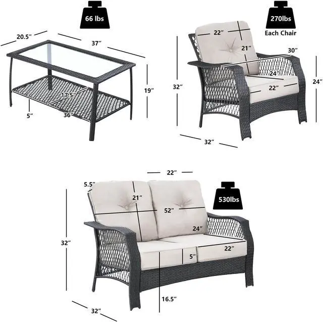 Alt view image 5 of 7 - SlickBlue 4 Pieces Patio Wicker Furniture Set Loveseat Sofa Coffee Table with Cushion