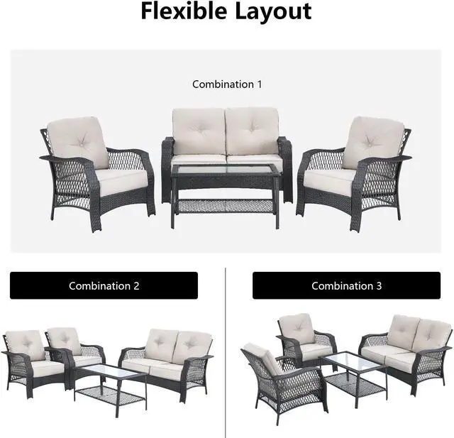 Alt view image 7 of 7 - SlickBlue 4 Pieces Patio Wicker Furniture Set Loveseat Sofa Coffee Table with Cushion