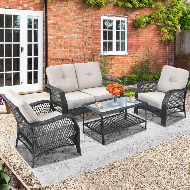 Alt view image 2 of 7 - SlickBlue 4 Pieces Patio Wicker Furniture Set Loveseat Sofa Coffee Table with Cushion
