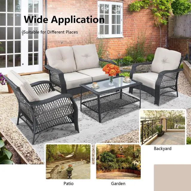 Alt view image 6 of 7 - SlickBlue 4 Pieces Patio Wicker Furniture Set Loveseat Sofa Coffee Table with Cushion