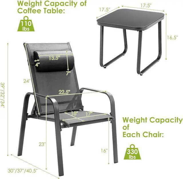 Alt view image 4 of 7 - SlickBlue 3 Pieces Patio Bistro Furniture Set with Adjustable Backrest