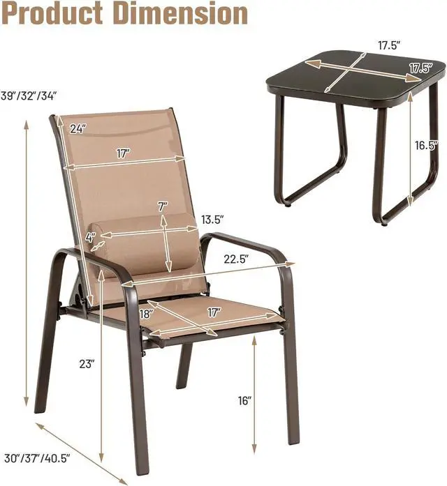 Alt view image 3 of 7 - SlickBlue 3 Pieces Patio Bistro Furniture Set with Adjustable Backrest