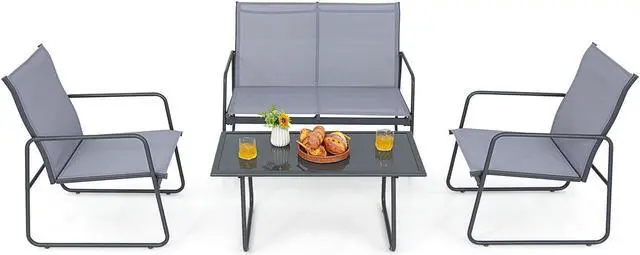 Alt view image 3 of 7 - SlickBlue 4 Pieces of Metal Patio Furniture Chat Set with Tempered Glass Coffee Table