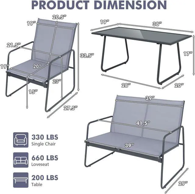Alt view image 5 of 7 - SlickBlue 4 Pieces of Metal Patio Furniture Chat Set with Tempered Glass Coffee Table