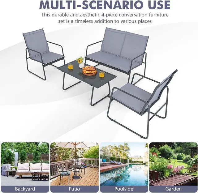 Alt view image 7 of 7 - SlickBlue 4 Pieces of Metal Patio Furniture Chat Set with Tempered Glass Coffee Table