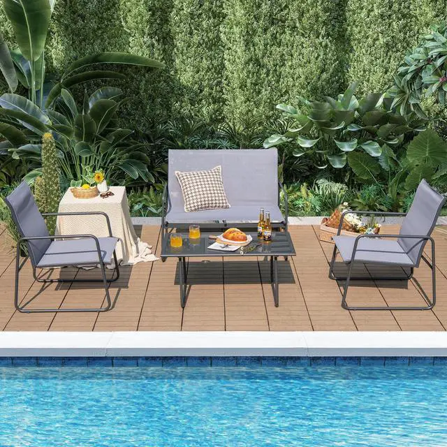 Alt view image 2 of 7 - SlickBlue 4 Pieces of Metal Patio Furniture Chat Set with Tempered Glass Coffee Table