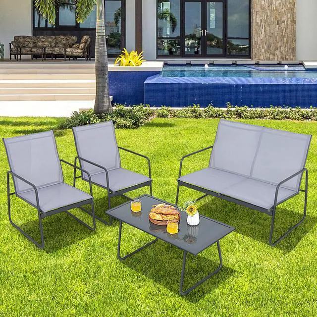Alt view image 6 of 7 - SlickBlue 4 Pieces of Metal Patio Furniture Chat Set with Tempered Glass Coffee Table