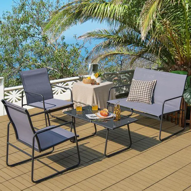 Alt view image 4 of 7 - SlickBlue 4 Pieces of Metal Patio Furniture Chat Set with Tempered Glass Coffee Table