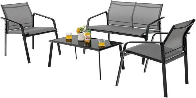 Alt view image 3 of 7 - SlickBlue 4 Pieces Patio Furniture Set with Armrest Loveseat Sofas and Glass Table Deck