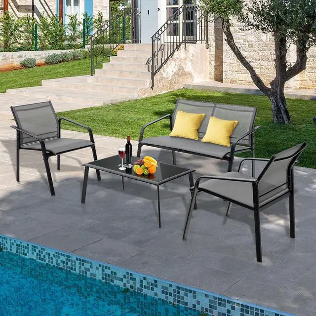 Alt view image 2 of 7 - SlickBlue 4 Pieces Patio Furniture Set with Armrest Loveseat Sofas and Glass Table Deck