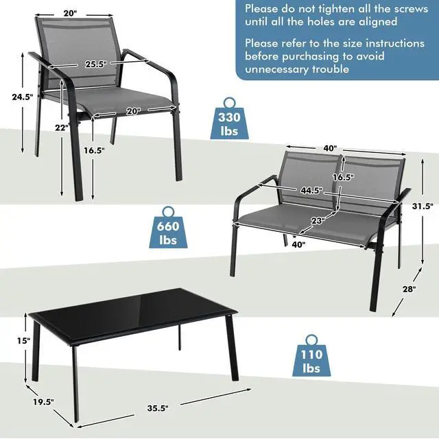 Alt view image 5 of 7 - SlickBlue 4 Pieces Patio Furniture Set with Armrest Loveseat Sofas and Glass Table Deck
