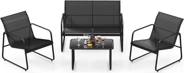 Alt view image 2 of 7 - SlickBlue 4 Pieces Outdoor Conversation Set with Tempered Glass Coffee Table-Black