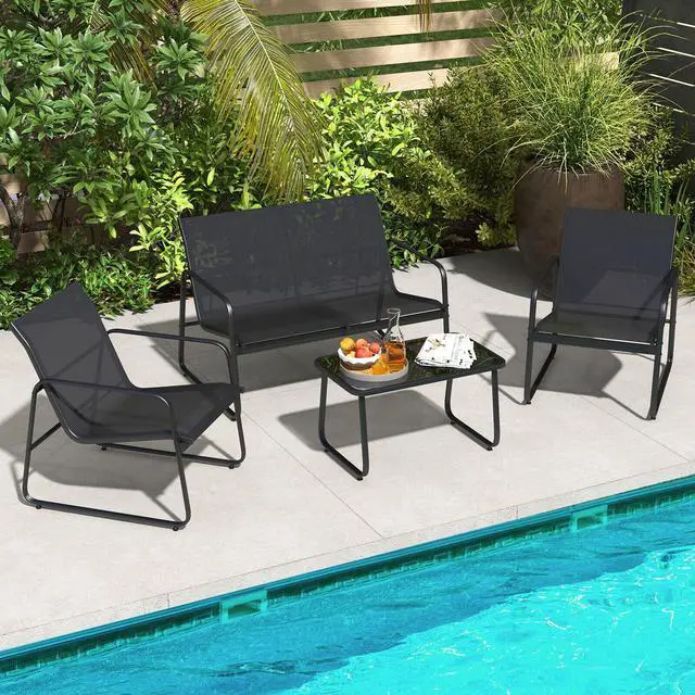 Alt view image 3 of 7 - SlickBlue 4 Pieces Outdoor Conversation Set with Tempered Glass Coffee Table-Black