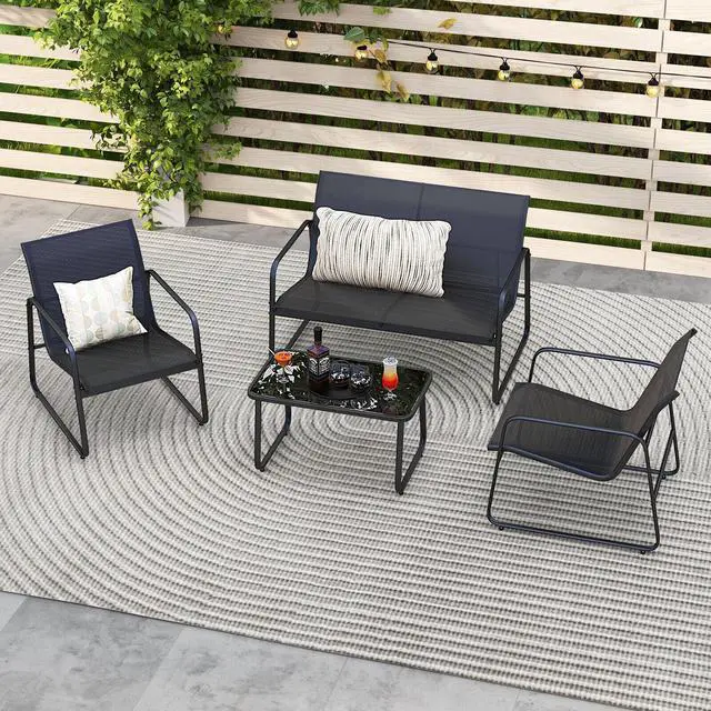 Alt view image 4 of 7 - SlickBlue 4 Pieces Outdoor Conversation Set with Tempered Glass Coffee Table-Black