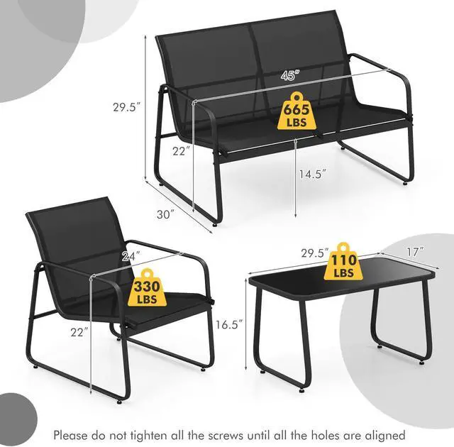 Alt view image 5 of 7 - SlickBlue 4 Pieces Outdoor Conversation Set with Tempered Glass Coffee Table-Black
