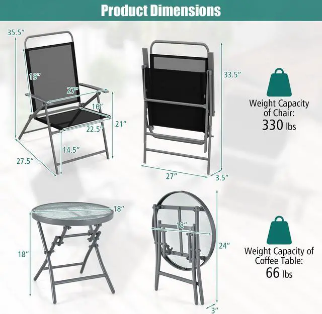 Alt view image 3 of 7 - SlickBlue 3 Pieces Patio Folding Chair Set Outdoor Metal Conversation Set