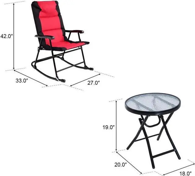Alt view image 4 of 7 - SlickBlue 3 Pcs Outdoor Folding Rocking Chair Table Set with Cushion-Black&Red