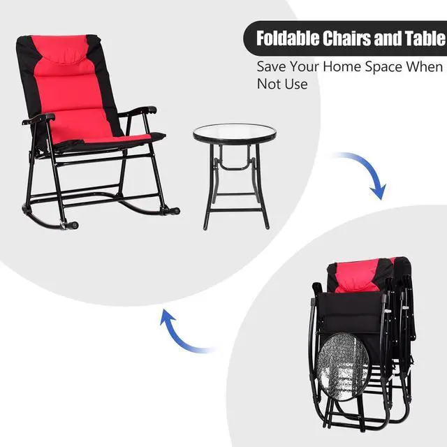 Alt view image 5 of 7 - SlickBlue 3 Pcs Outdoor Folding Rocking Chair Table Set with Cushion-Black&Red
