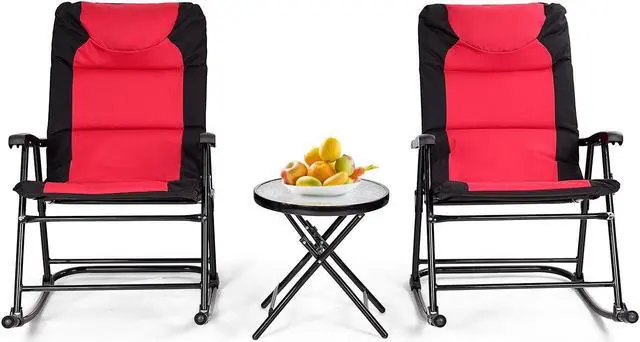 Alt view image 3 of 7 - SlickBlue 3 Pcs Outdoor Folding Rocking Chair Table Set with Cushion-Black&Red