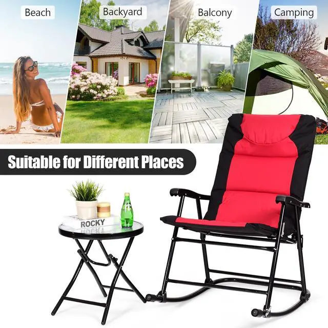 Main image of SlickBlue 3 Pcs Outdoor Folding Rocking Chair Table Set with Cushion-Black&Red