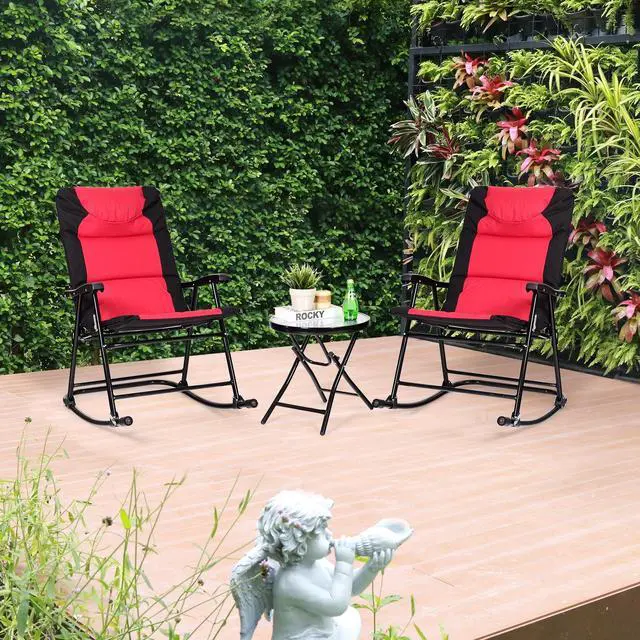 Alt view image 2 of 7 - SlickBlue 3 Pcs Outdoor Folding Rocking Chair Table Set with Cushion-Black&Red