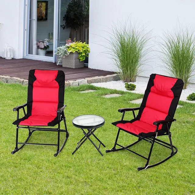 Alt view image 6 of 7 - SlickBlue 3 Pcs Outdoor Folding Rocking Chair Table Set with Cushion-Black&Red