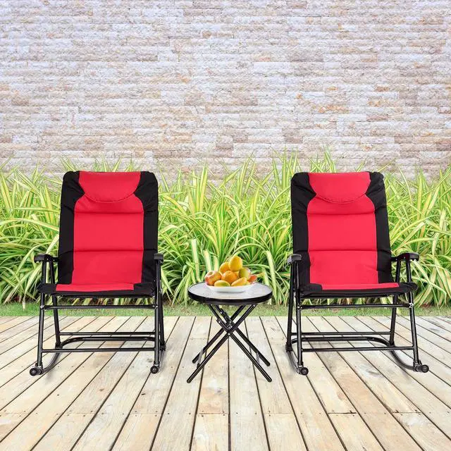 Alt view image 7 of 7 - SlickBlue 3 Pcs Outdoor Folding Rocking Chair Table Set with Cushion-Black&Red