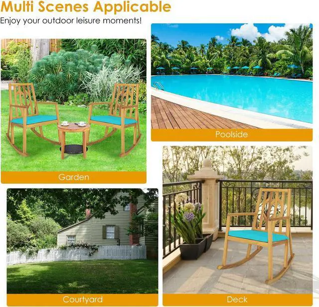 Alt view image 3 of 7 - SlickBlue Patio Acacia Wood Rocking Chair Sofa with Armrest and Cushion for Garden and Deck