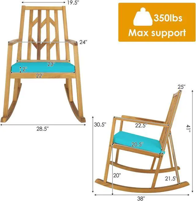 Alt view image 4 of 7 - SlickBlue Patio Acacia Wood Rocking Chair Sofa with Armrest and Cushion for Garden and Deck
