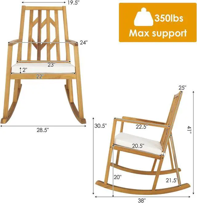 Alt view image 4 of 7 - SlickBlue Patio Acacia Wood Rocking Chair Sofa with Armrest and Cushion for Garden and Deck