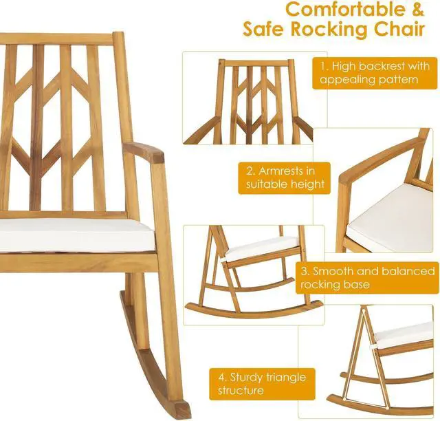 Alt view image 5 of 7 - SlickBlue Patio Acacia Wood Rocking Chair Sofa with Armrest and Cushion for Garden and Deck