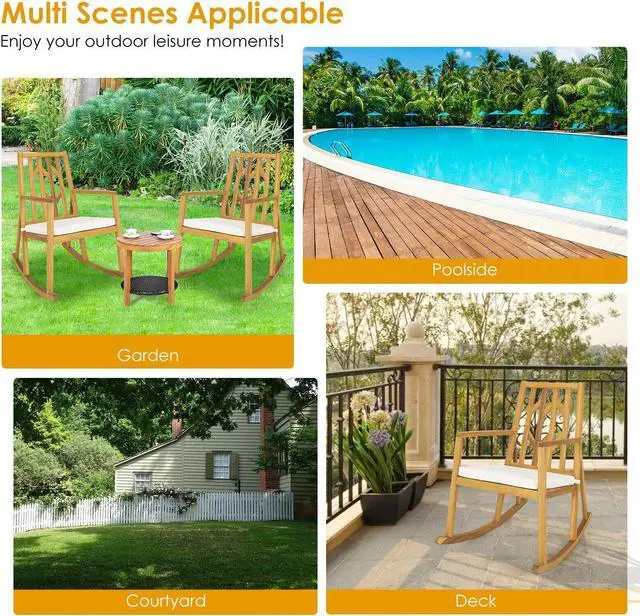 Alt view image 3 of 7 - SlickBlue Patio Acacia Wood Rocking Chair Sofa with Armrest and Cushion for Garden and Deck