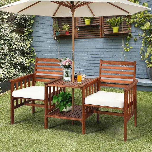 Alt view image 2 of 7 - SlickBlue 3 pcs Outdoor Patio Table Chairs Set Acacia Wood Loveseat